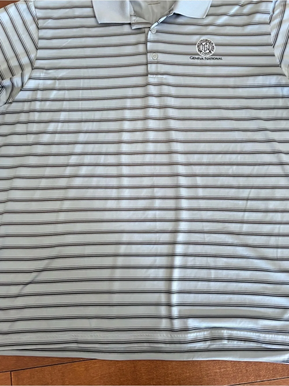adidas Geneva National Golf Men's Light Blue Polo with Navy Stripes
